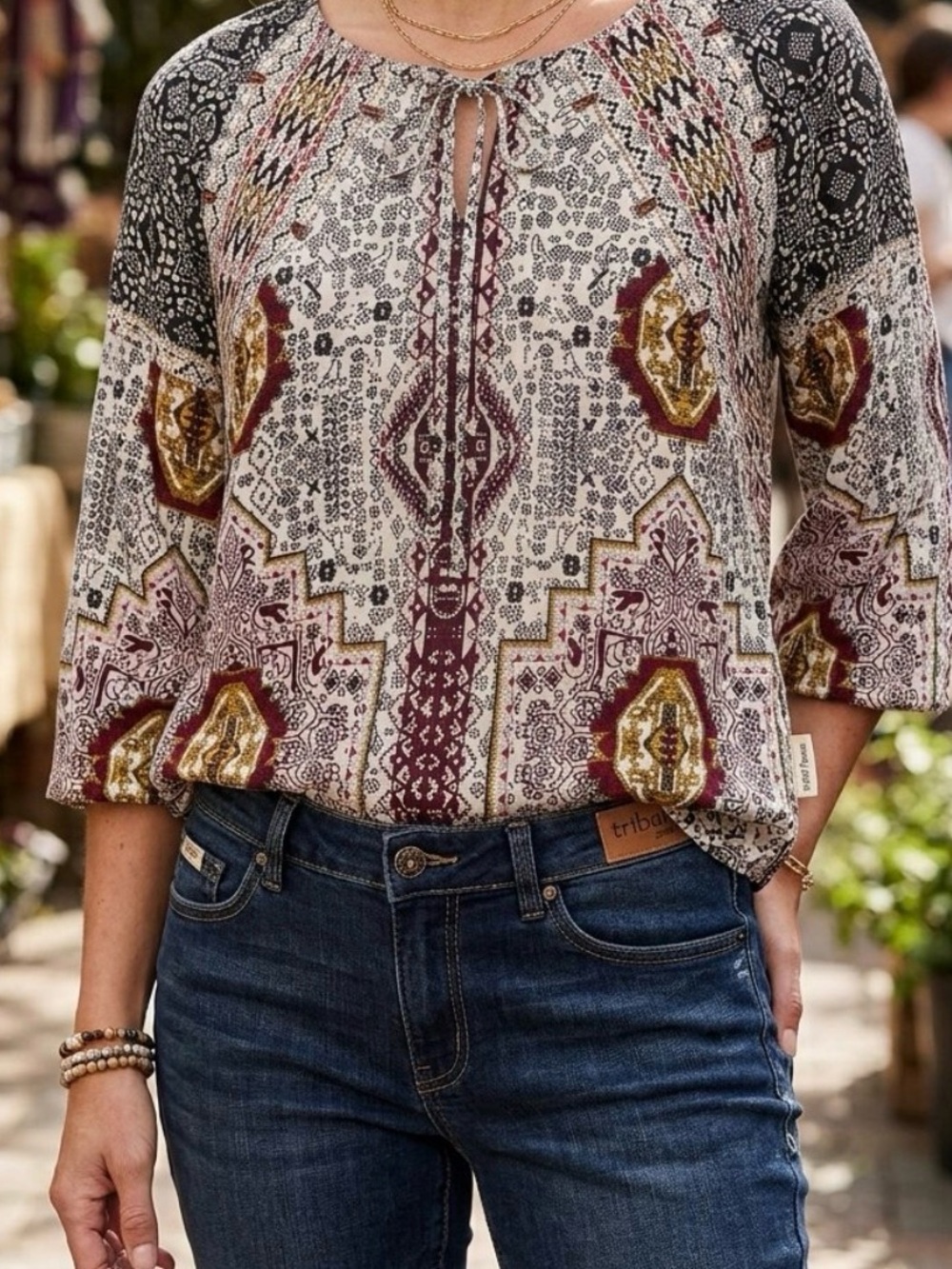 Tribal jeans Boho Printed Tie-Neck Women’s Top in Cream and Burgundy